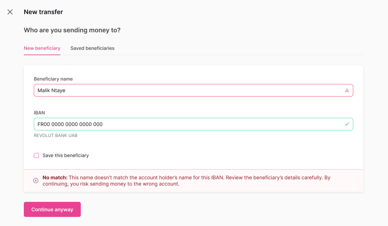 VoP No match web banking screen