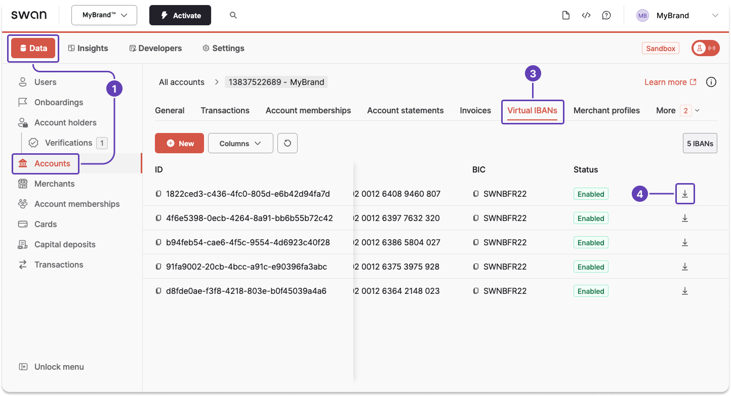 Screenshot of the Dashboard Accounts Virtual IBANs tab