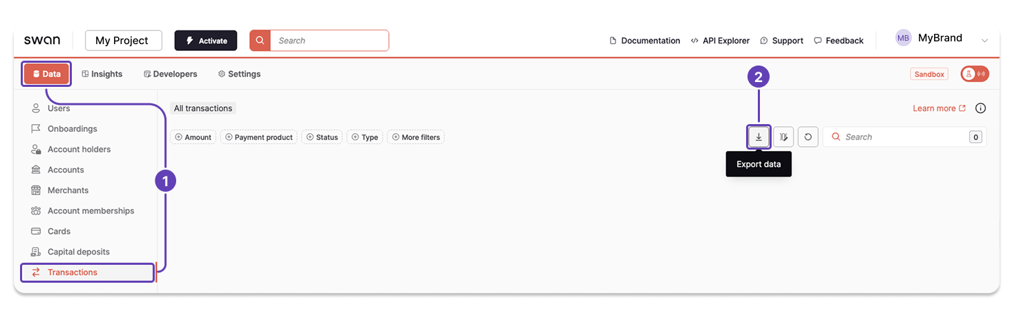 Screenshot of Swan Dashboard transactions page with a callout download icon to trigger an export